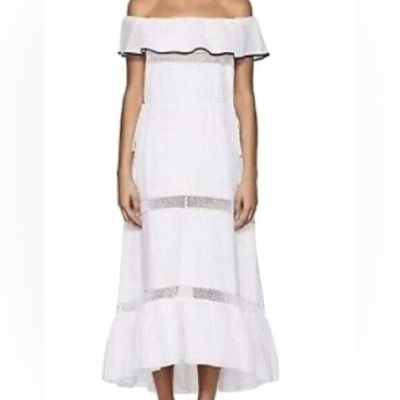 Kisuii “Olympia” White/Blue Off The Shoulder Ruffled Maxi Dress. Size XS. - Picture 1 of 10